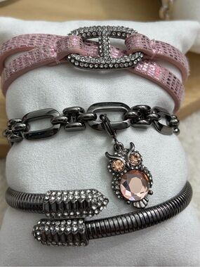 Bomb Party 2025 Pink Crystal Owl Charm Bracelet Stack on Hematite Plating
